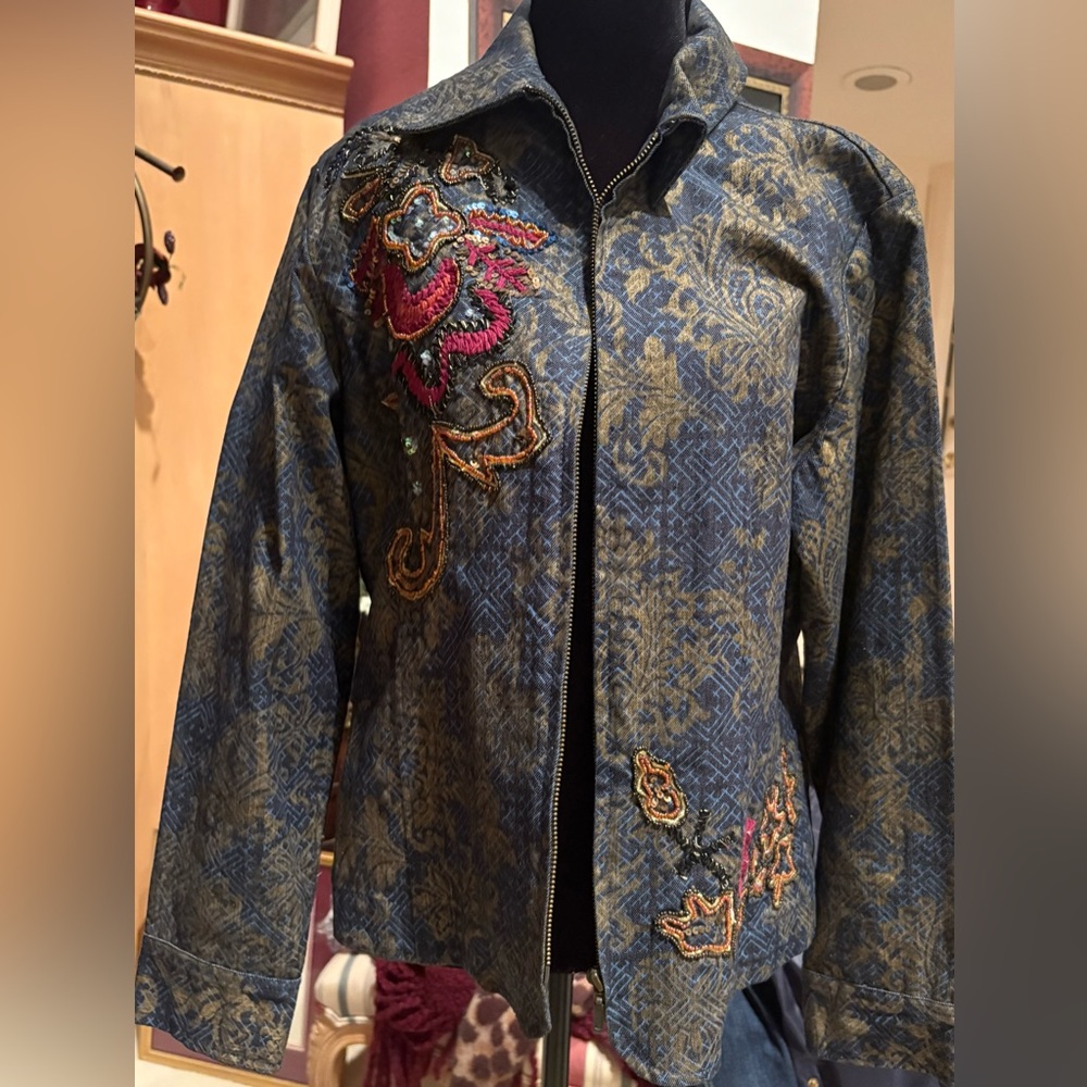 Chico's Blue and Gold Embroidered Blazer